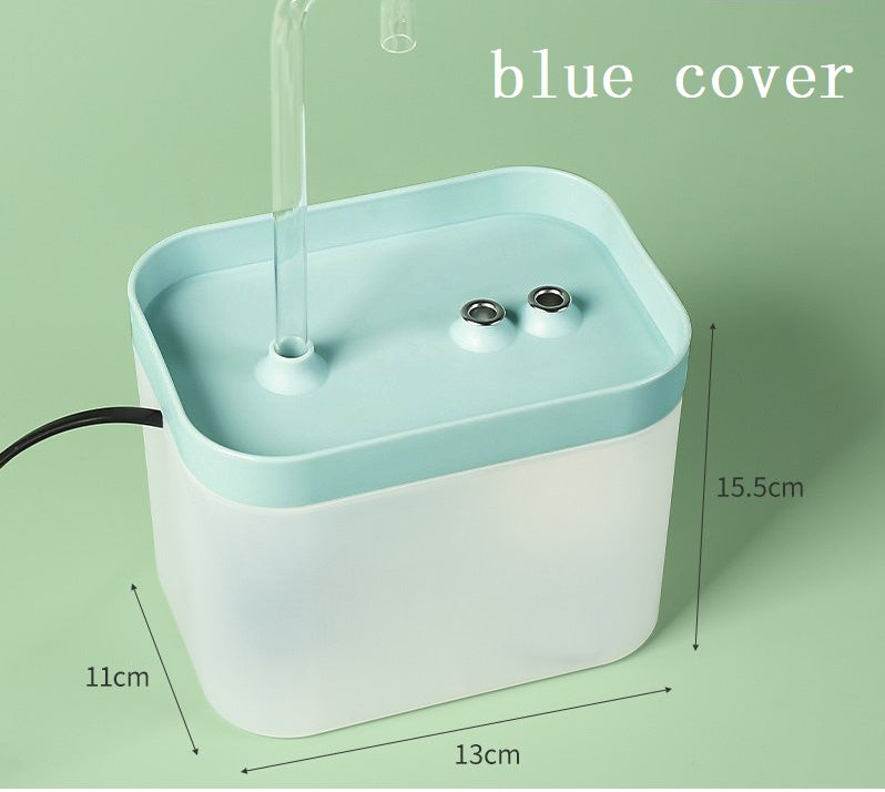 Automatic Cat Water Fountain Auto Filter USB Electric Mute Cat Drinker Bowl 1.5L showing blue cover and measurements.
